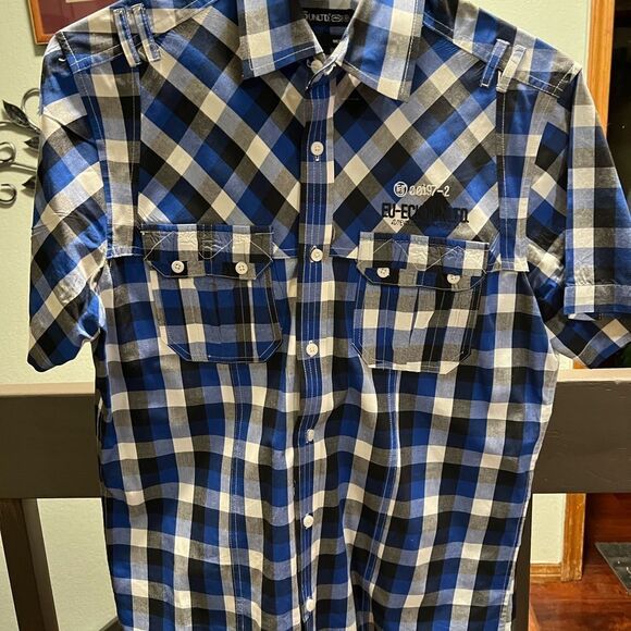 NWOT Ecko Blue & Black Checkered Men's Short Sleeveeeve Medium Shirt #257 - Picture 6 of 6